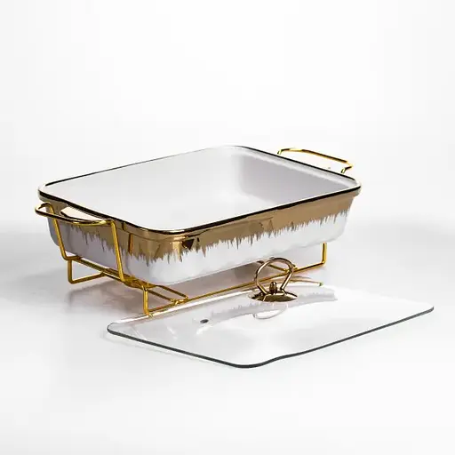 Мармітниця порцелянова Yiwu 2 л прямокутна на металевій підставці зі скляною кришкою 40х22.5х15.5 см марміт для перших страв ML789-15 - фото 4