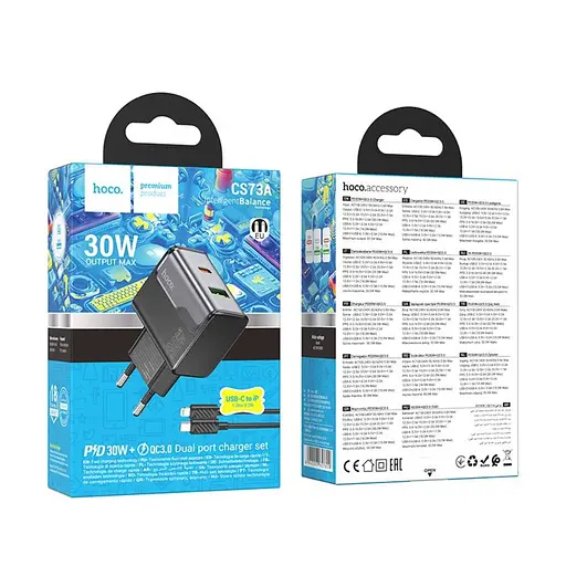 Зарядний пристрій Hoco CS73A USB/ Type-C PD 30W QC midnight чорний + кабель Type-C to Lightning - фото 5