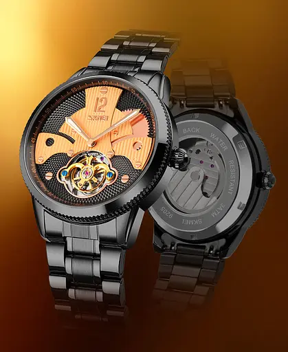 Мужские часы скелетон Skmei 9205 механические (Черные с розовым золотом) - фото 9