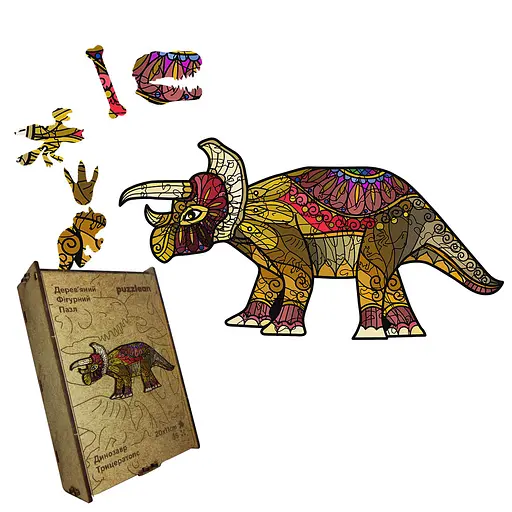 Пазл деревянный Динозавр Трицератопс, А4, Картонная коробка 100 элементов