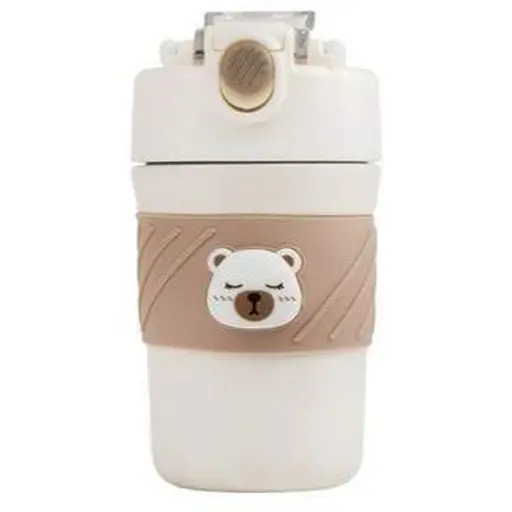 Термос детский  «Cute Bear» поилка с трубочкой нержавеющая сталь 420 мл Бежево-коричневый - фото 1