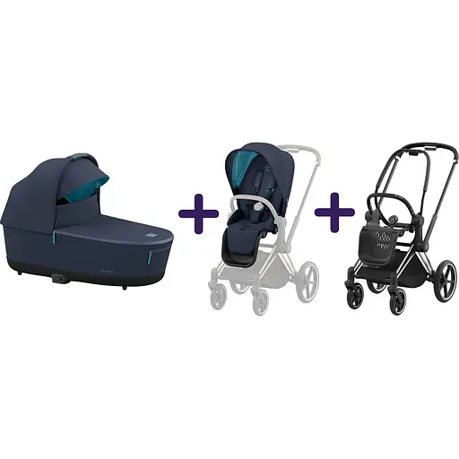Люлька Cybex Priam Lux Conscious Collection Dark Navy + Текстиль для прогулянкового блоку Cybex Priam Conscious Collection Dark Navy + Шасі Cybex Priam з каркасом LS RBA Chrome Black