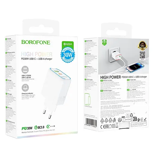 Мережевий зарядний пристрій Borofone BA89A Destello PD30W+QC3. 0 charger (EU) білий - фото 2