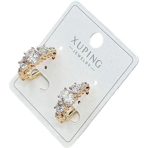 Сережки напівкільця Xuping з трьома великими прозорими кристалами гіпоалергенне медичне золото - фото 1