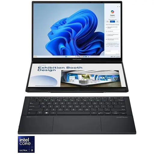Ноутбук Ultraportabil ASUS Zenbook Duo OLED UX8406MA з процесором Intel Core Ultra 9 185H pana la 5.1 GHz, 14", 3K, OLED, сенсорний, 32GB, 2TB SSD, Intel Arc графікою, Windows 11 Pro, Inkwell сірий
