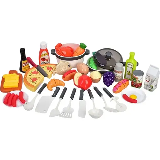 Ігровий набір продуктів BA17 на липучках з кухонним посудом: овочі, фрукти, фастфуд, каструля та сковорідка