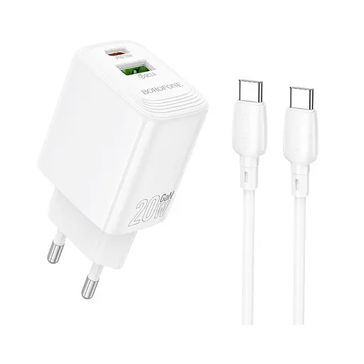Мережевий зарядний пристрій з кабелем Borofone BN27 Fuente PD20W+QC3. 0 charger set (C to C) (EU) білий - фото 1