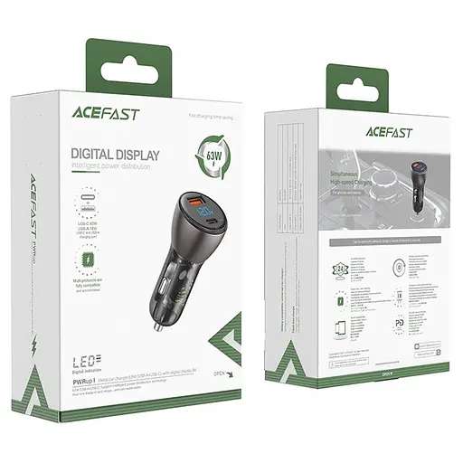 Автомобильное зарядное устройство для ACEFAST B6 metal 63W (USB-A+USB-C) with digital display - фото 2