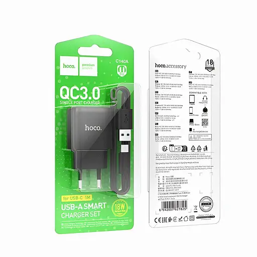 Мережевий зарядний пристрій Hoco C140A QC3.0 18 Вт з кабелем Type-C чорний - фото 2