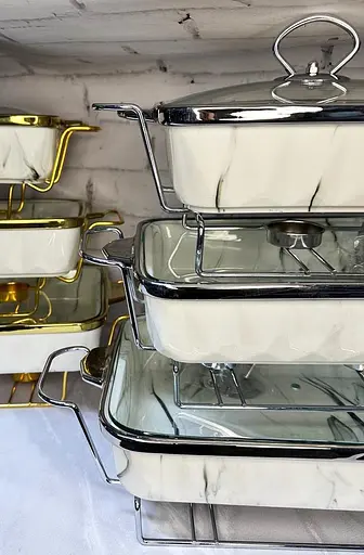 Набор из 3-х мармитов керамических прямоугольных Kitchen с крышками из стекла Бело Серебристый - фото 4