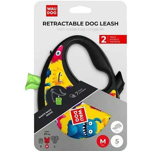 Повідець-рулетка для собак Waudog R-leash з контейнером для пакетів, малюнок "Мохнаті монстри", світловідбивна стрічка, M - фото 6