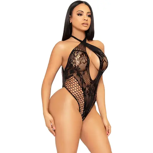 Кружевное тедди Leg Avenue Lace and net halter teddy One Size Black, глубокий вырез, халтер - фото 4