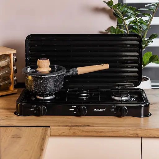 Настільна газова плита Sokany SK-6003B 3 конфорки 5.5 кВт під балонний газ Чорний - фото 8