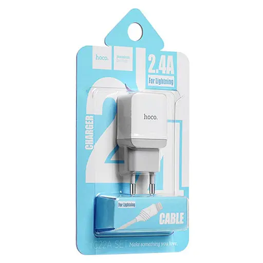 Блок живлення Адаптер мережевий Hoco Lightning cable C22A 1 USB-вихід набір білий - фото 5