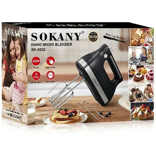 Ручний міксер Sokany SK-6632 з насадками для тесту 5 швидкостей 300Вт Чорний - фото 9