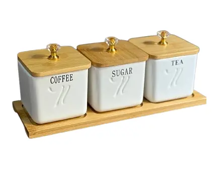 Набор банок 3 шт с крышками и бамбуковым подносом для хранения сыпучих 300 мл Белый - фото 1