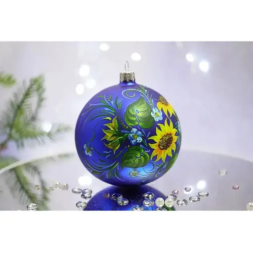 Ялинкова прикраса Санта Шоп Петриківка Соняшники на синьому склі (4820001134438) - фото 2