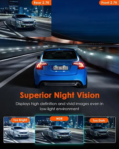 VANTRUE E2 Dash Cam Передня та задня камера з голосовим керуванням, подвійна 2.7K відеореєстратор, Wi-Fi, GPS - фото 3