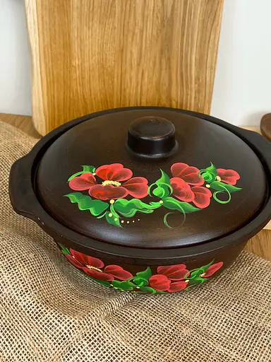Котел с крышкой керамический (глиняный) резной Мак 3 л - фото 2