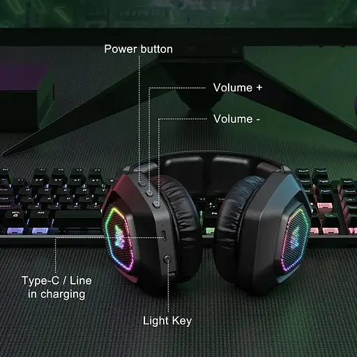 Геймерские игровые Bluetooth наушники Onikuma B100 с выдвижным микрофоном и LED подсветкой Black - фото 4