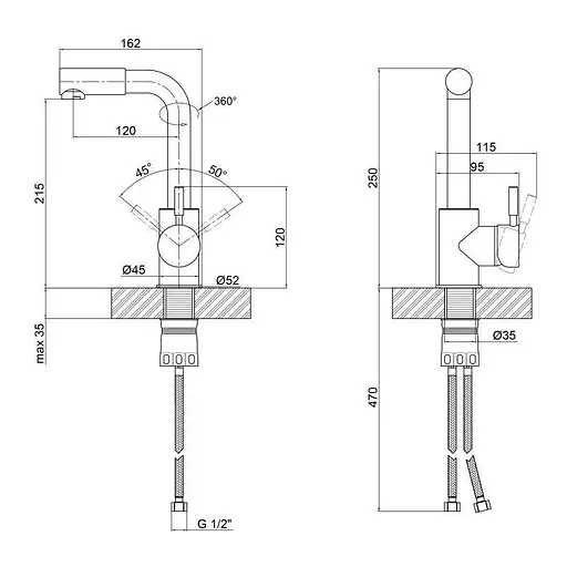 Смеситель для умывальника Г-образный гусак Ø35 Wezer EKO1B-01 1/10 Нержавеющая сталь - фото 4