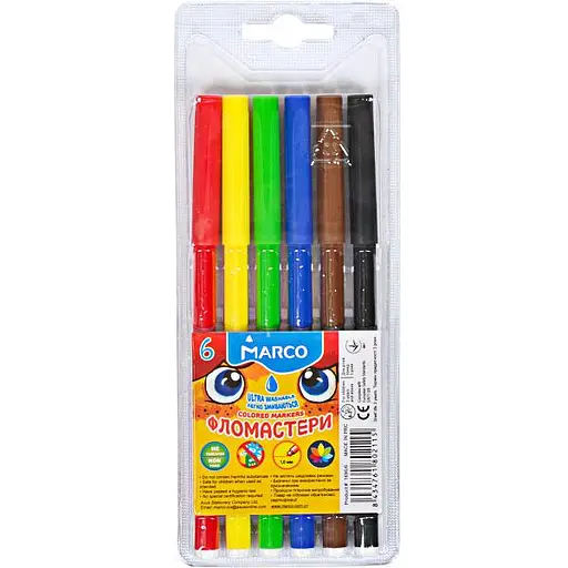 Фломастери 6 кольорів Super Washable, 1690-6 Marco (8434761802115) - фото 1