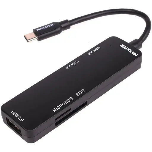 Хаб Usb Maxxter HU3C-3PTF-01, черный, Type-C 3.0 - 1xUsb 3.0 / 2xUsb 2.0 / microSD / SD, кабель 12 см - фото 1