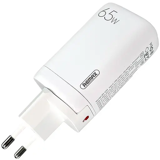 Зарядний адаптер швидка зарядка GaN 65W REMAX RP-U55 PD+QC 1xUSB-A 2xType-C EU Білий