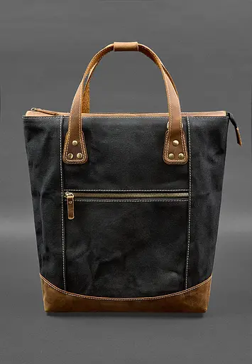 Сумка-рюкзак з канвасу та натуральної світло-коричневої шкіри - фото 2