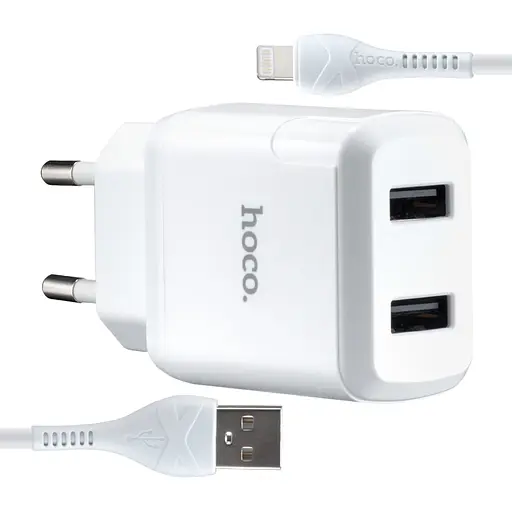 Мережевий зарядний пристрій Hoco N7 Speedy dual port charger set Lightning ( EU ) Білий - фото 1