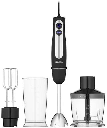 Блендер Ardesto HBG-800BDWHCH, Black, 800W, занурювальний, 5 швидкостей, турборежим, 3 насадки, подрібнювач 500мл, мірний стакан 600мл, насадка-міксер, підсвітка кнопок управління - фото 1