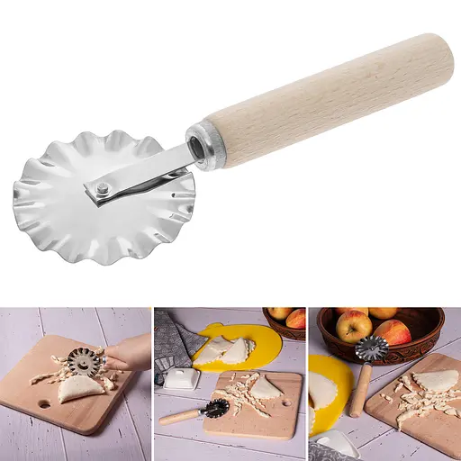Ніж ролик фігурний зубчастий для тіста та вирізування чебуреків з дерев'яною ручкою Ø63х175 мм, Kitchette 85669 - фото 2