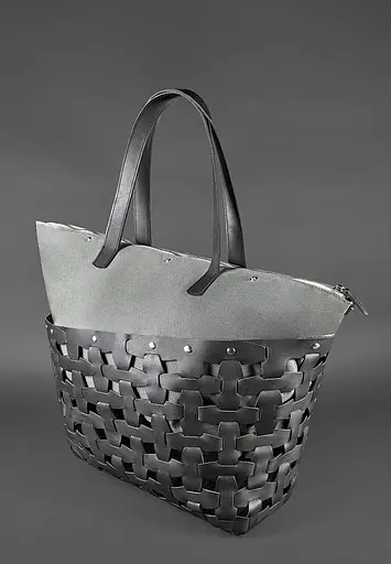 Шкіряна плетена жіноча сумка Пазл Xl чорна Krast - фото 5