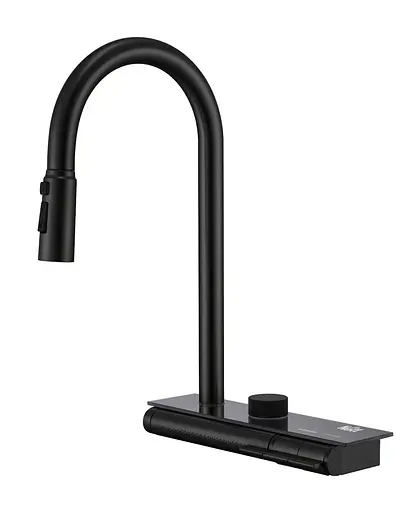 Cмеситель для кухни с водопадом и выдвижной лейкой нержавеющий черный Nett OB-38 - фото 1