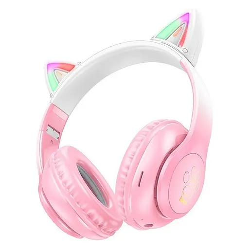 Беспроводные Bluetooth наушники Hoco Cat ears W42 с ушками и подсветкой розовый - фото 2