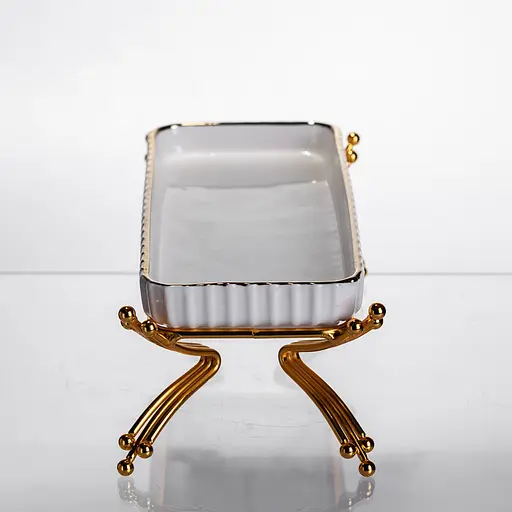 Фарфоровое сервировочное блюдо на металлической подставке 37×18×5 (см) блюдо для подачи закусок Белый с золотом Yiwu LB-1566G - фото 4