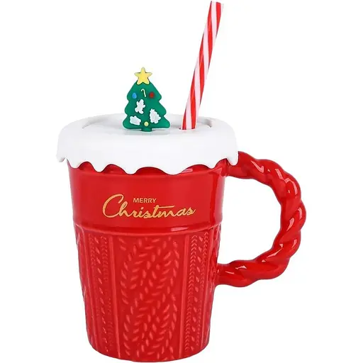 Чашка новогодняя Olens 102-1061-3 Рождественский свитер керамика с крышкой и трубочкой 380 мл Красная - фото 1