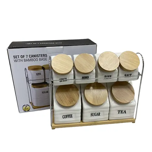 Набір банок порцелянових A-Plus 6731 на металевій підставці  бамбукові кришки 8 предметів Білий - фото 2