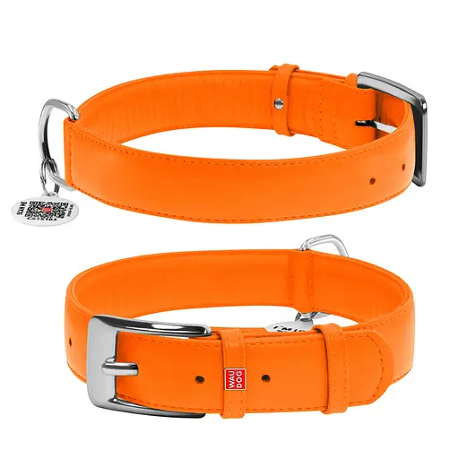 Ошейник для собак кожаный Waudog Glamour с QR-паспортом без украшений XL Ш 35 мм Д 46-60 см оранжевый