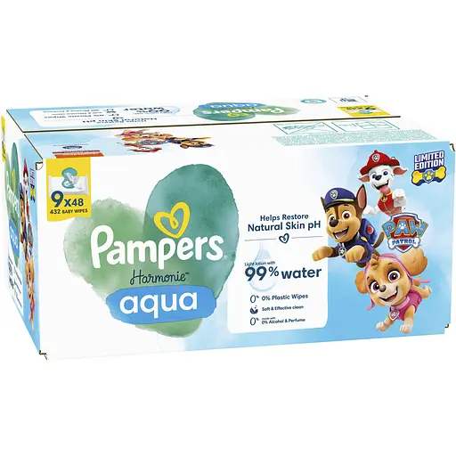 Дитячі вологі серветки Pampers Harmonie Aqua Щенячий Патруль 432 шт. (9 уп. по 48 шт.)
