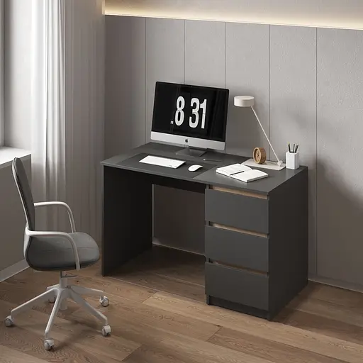 Компьютерный стол Vays, письменный, современный, с тумбой cправа, 3 ящика з фасадами без ручек R-1 Антрацит-Дуб Сонома планки