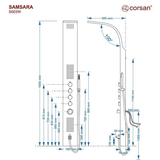 Душова панель Corsan Samsara inox з виливом S003MSLW, Нержавіюча сталь - фото 2