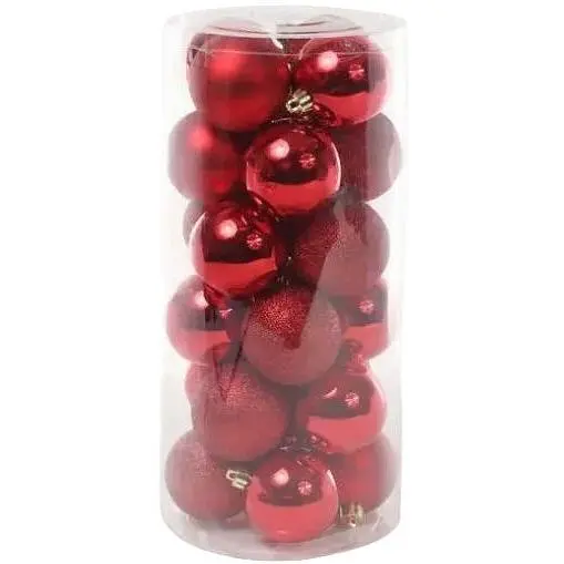 Набір святкових ялинкових куль діаметром 6 см червоного кольору 24 шт глянцеві глітер і матові - фото 1