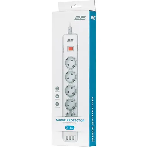  Мережевий фільтр-подовжувач 2E SP515M2-USB-WH 5хSchuko 3xUSB 2 м 5 розеток 16A 3.68 кВт - фото 5