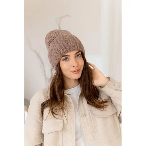 Женская зимняя шапка Лили Травка из ангоры 80% с узором и флисовой подкладкой Светло Коричневый - фото 1