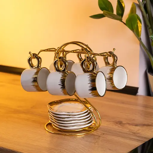 Набір для кави із порцеляни 12 предметів на 6 персон на металевій підставці білий Yiwu FM-46 - фото 2