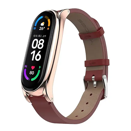 Шкіряний ремінець MiJobs для фітнес-браслета Xiaomi Mi Band 3 и 4 Type С червоний, тримач - золотистий - фото 2