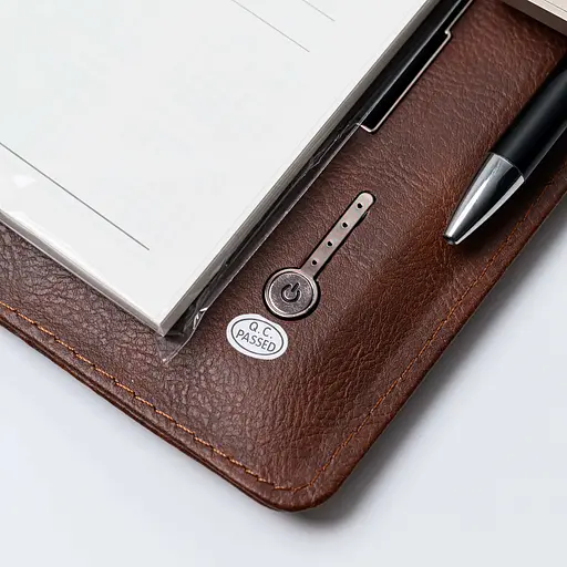 Шкіряний коричневий бізнес щоденник-органайзер з бездротовою зарядкою з вбудованим Powerbank і флешкою з ручкою в коробці із якісного картону - фото 9