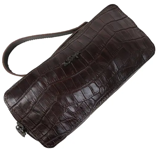 Кожаная барсетка Mykhail Ikhtyar на три отдела под крокодила коричневая sum0028927 - фото 10