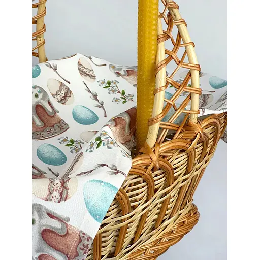 Комплект Великодній кошик Галичина коричнева зі лляним рушником 70х30 см Паска (блакитна) і свічка